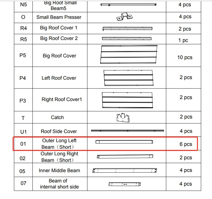 Meetsunny Replacement Parts: Double Roof Hardtop Gazebo Series A05-Outer Long Left Beam, Model: A05, Part Number: #01