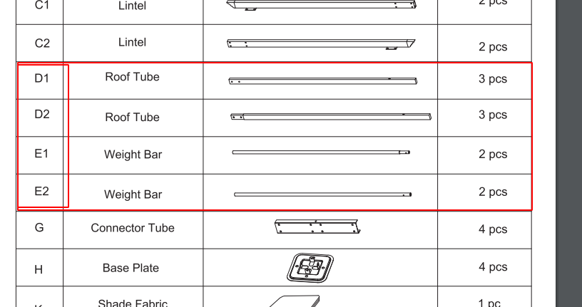 Title:Replacement Parts: Steel Pergola with Canopy, Model: F12-01A. Part Number: D1(3PCS),D2(3PCS),E1(2PCS),E2(2PCS)