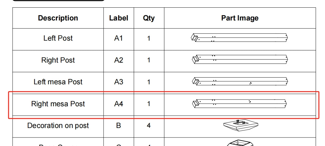 Meetsunny Replacement Parts: Metal Pergola Series F04-Right mesa Post, Model: F04, Part Number: A4
