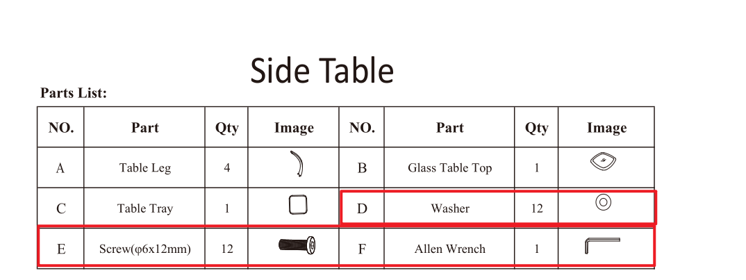 Meetsunny MA01-5 Side Table Replacement Parts - Hardware Pack (Model #D, E, F)