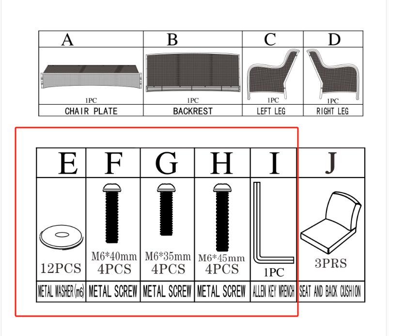Meetsunny Replacement Parts: M09 - sofa - hardware pack  Model: M09 - sofa - hardware pack