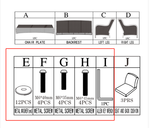 Meetsunny Replacement Parts: M09 - sofa - hardware pack  Model: M09 - sofa - hardware pack