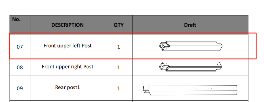 Meetsunny A08 Replacement Parts - Front upper left Post (Model #07)