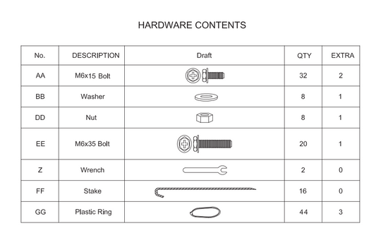 Meetsunny E02 Replacement Parts - hardware pack (Model#AA, BB, DD, EE, Z, FF, GG)