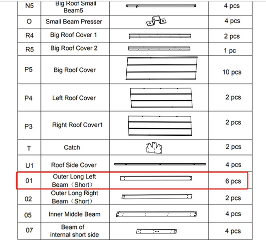Meetsunny Replacement Parts: Double Roof Hardtop Gazebo Series A05-Outer Long Left Beam, Model: A05, Part Number: #01