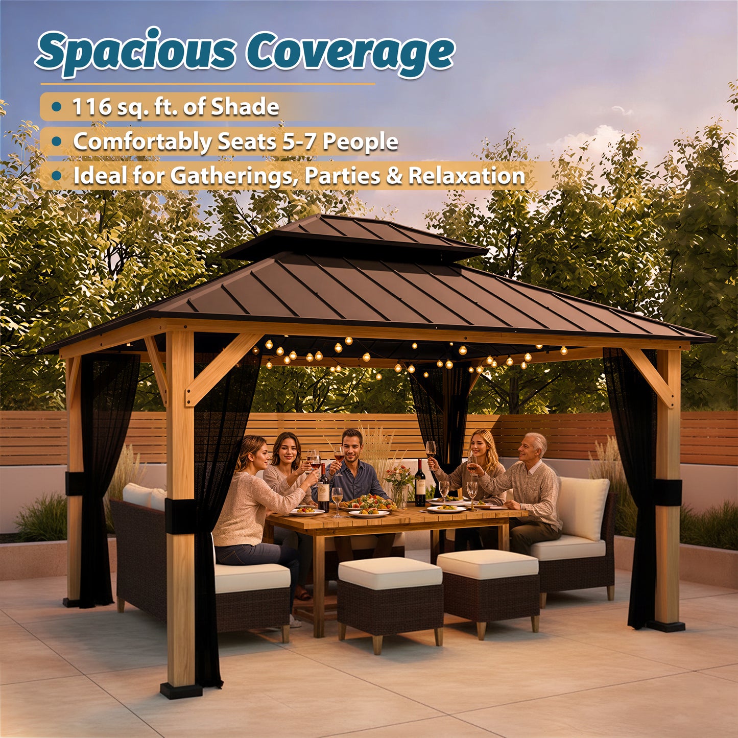 11 ft. x 13 ft. Wood Outdoor Gazebo with Galvanized Steel Double Roof and Mosquito Netting