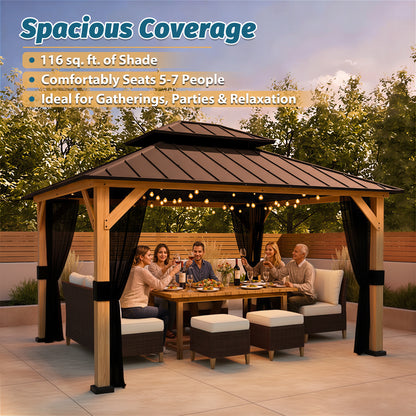 11 ft. x 13 ft. Wood Outdoor Gazebo with Galvanized Steel Double Roof and Mosquito Netting