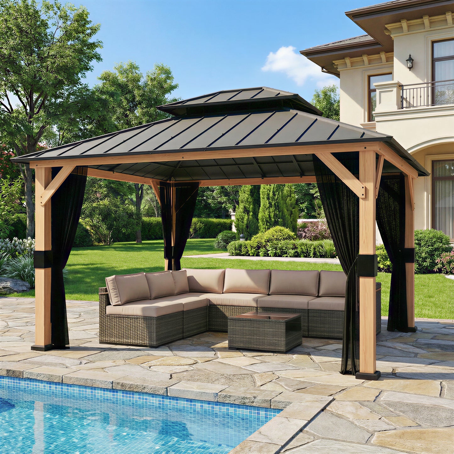 11 ft. x 13 ft. Wood Outdoor Gazebo with Galvanized Steel Double Roof and Mosquito Netting