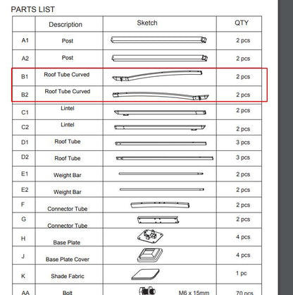 Title：Replacement Parts: Steel Pergola with Canopy, Model: F11-01A. Part Number: B1(2pcs),B2(2pcs),Fig. 2