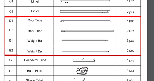 Title：Replacement Parts: Steel Pergola with Canopy, Model: F12-01A. Part Number: D1(3PCS),D2(3PCS),E1(2PCS),E2(2PCS)