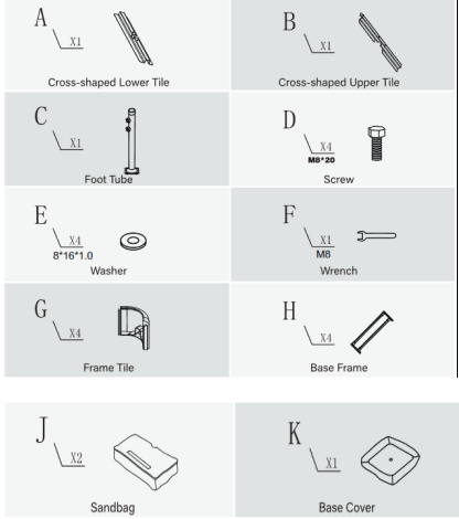Meetsunny E16 Replacement Parts - Part A*1+B*1+C*1+D*4,E*4+F*1+G*4+H*4+J*2+K*1