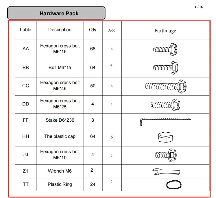 Replacement Parts: Joyside 11'x11' Outdoor Pergola with Sidewalls Model: F01,Part Number:#Hardware Pack package