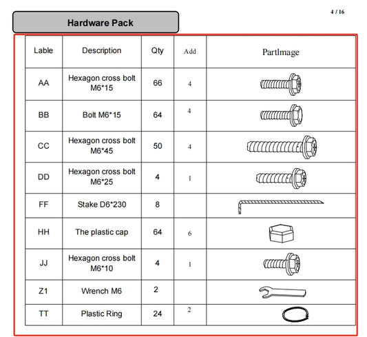 Replacement Parts: Joyside 11'x11' Outdoor Pergola with Sidewalls Model: F01,Part Number:#Hardware Pack package