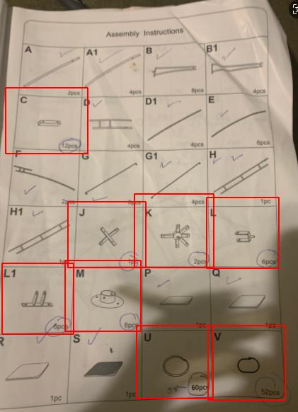 Replacement Parts: Outdoor Gazebo J20, Model: J20, Part Number: C*12, J*1, K*2, L*6, L1*6, M*6, U*54, V*52
