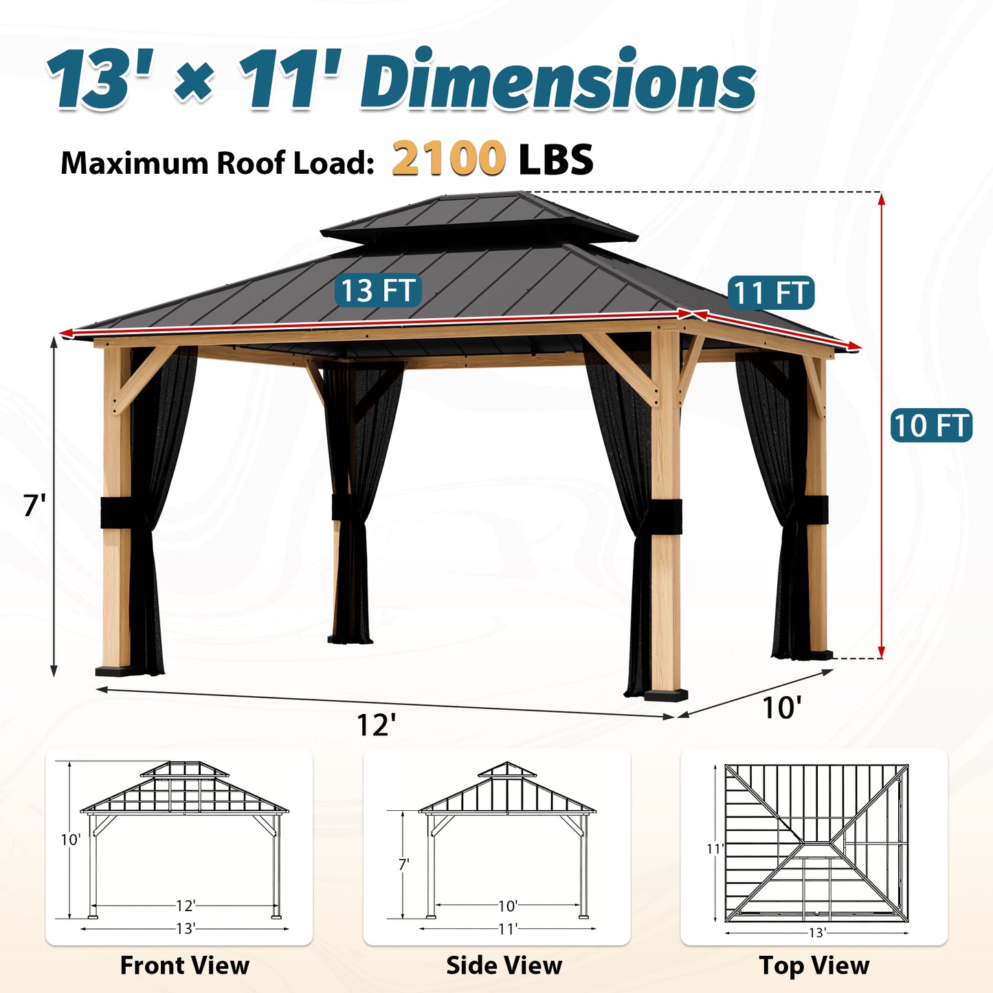 11 ft. x 13 ft. Wood Outdoor Gazebo with Galvanized Steel Double Roof and Mosquito Netting
